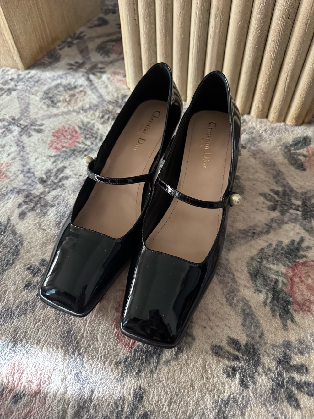 Dior Black Patent Jolie Pumps with Pearl Button